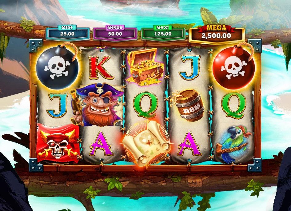 The 5x3 reel layout of the Captain Loot slot, displaying various pirate-themed symbols on a beach background.