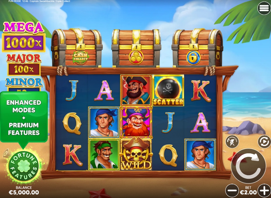 The main 5x3 game grid of Captain Swashbuckle Triple Collect, showing the three prominent treasure chests and pirate-themed symbols.