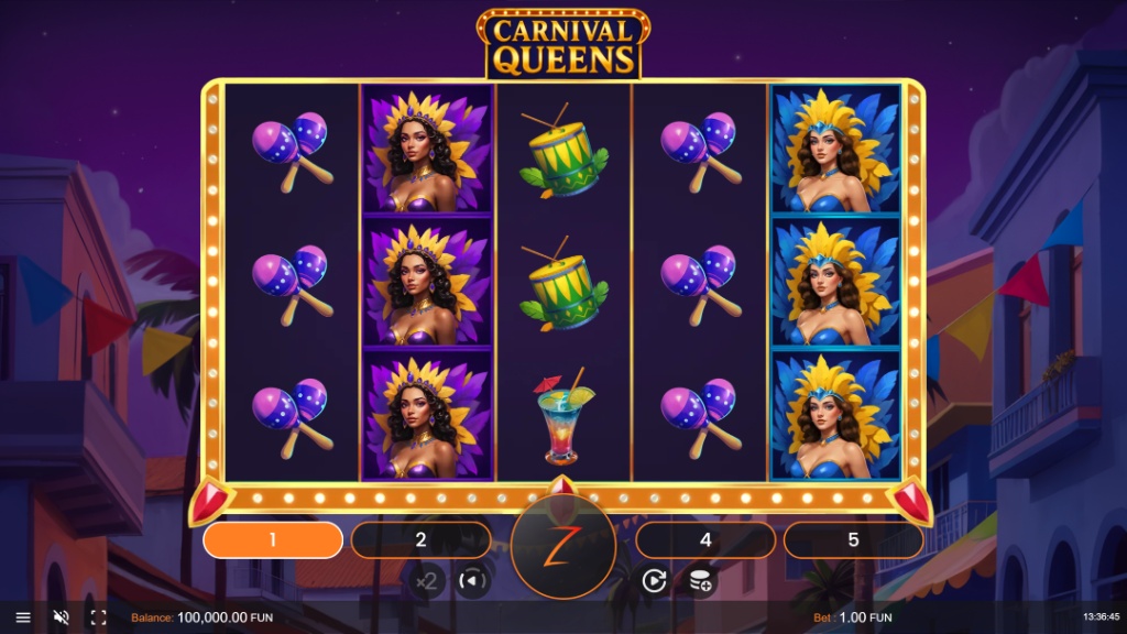 The main 5x3 grid of the Carnival Queens slot, showing the carnival-themed symbols and interface.