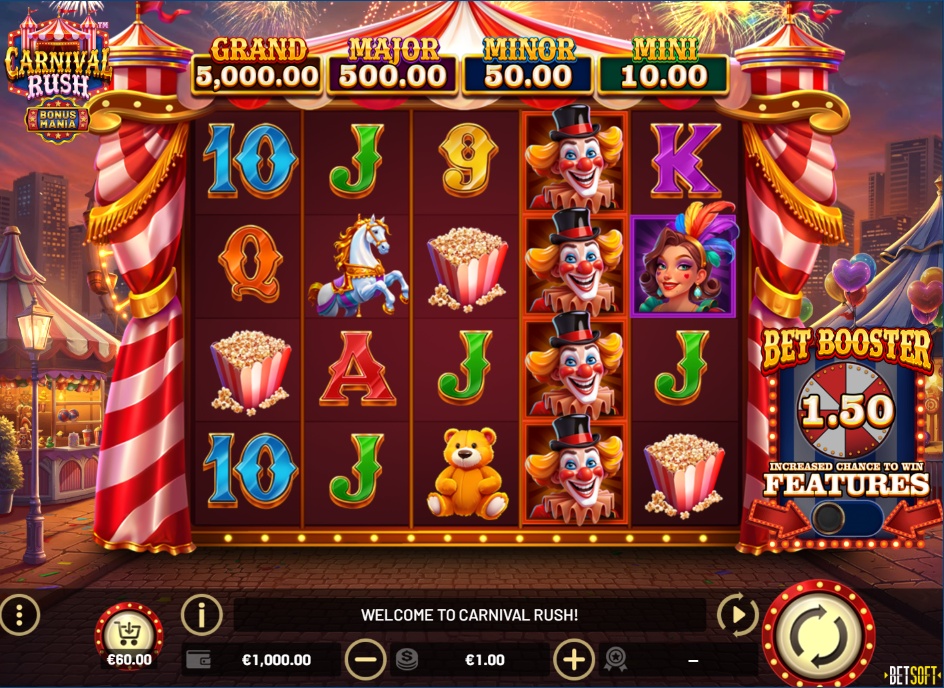 The main 5x4 reel layout of the Carnival Rush slot demo, showcasing the vibrant carnival theme and high-quality symbols.