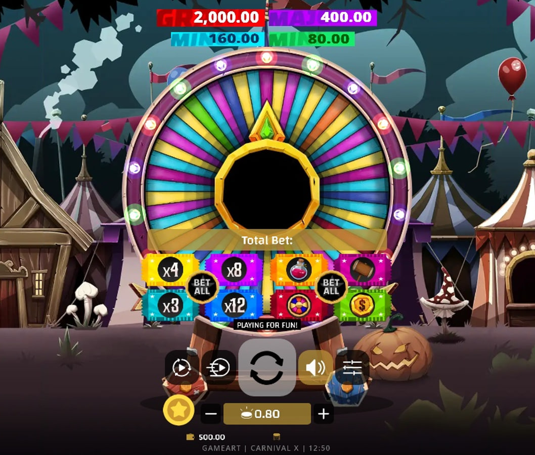 The main game screen of Carnival X, showing the large prize wheel and the eight betting options below.