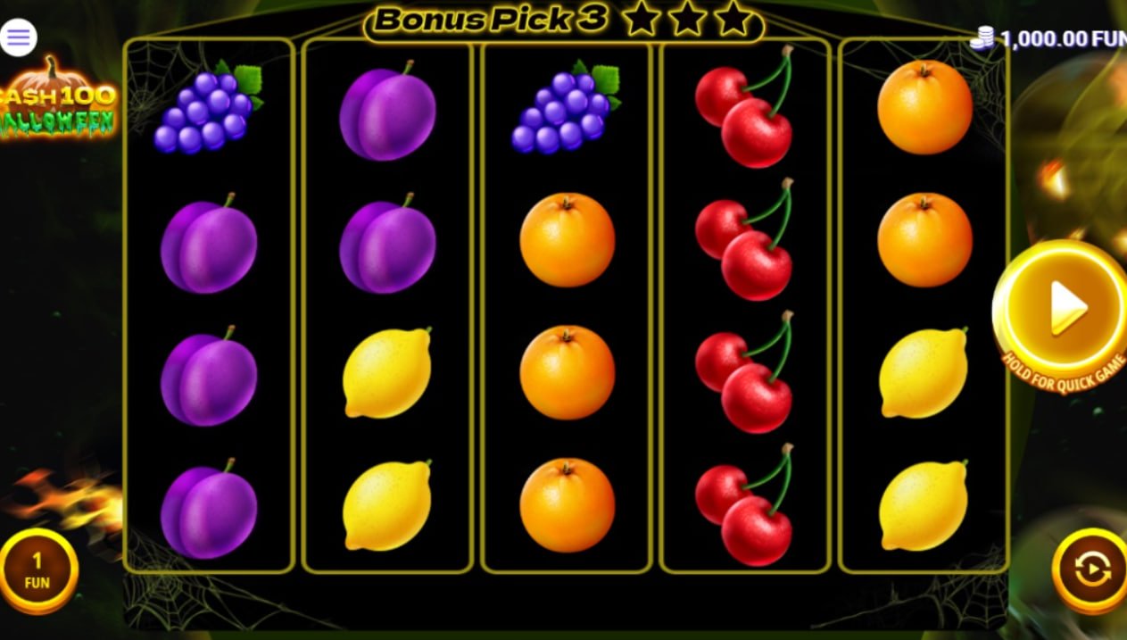 Cash 100 Halloween slot base game 5x4 grid with pumpkin background and fruit symbols