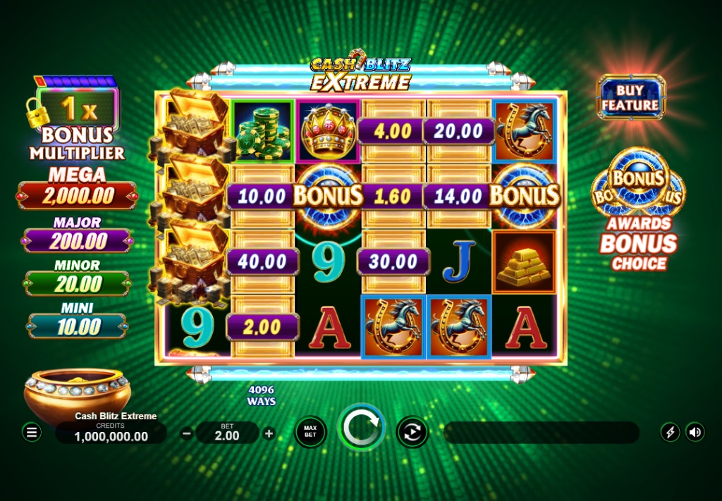 The 6x4 game grid of the Cash Blitz Extreme slot, showing the neon symbols and jackpot values on the left.