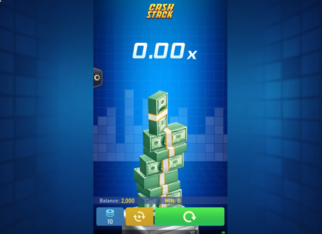 The main game screen of the Cash Stack demo, showing the initial 1.00x multiplier and the player balance.