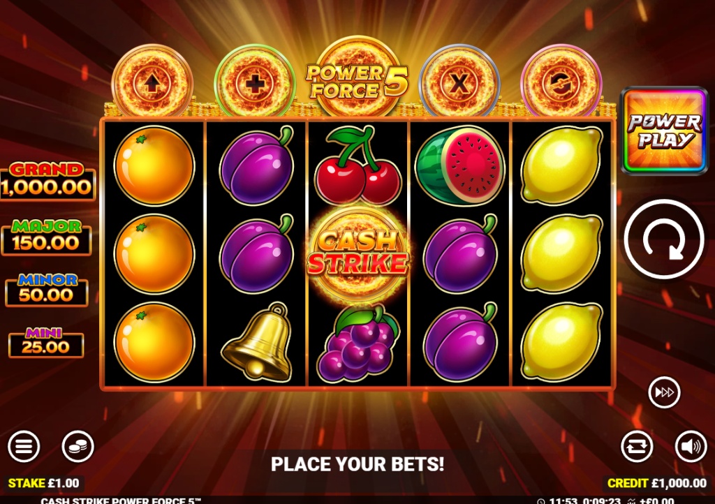The main 5x3 reel layout of the Cash Strike Power Force 5 slot, showing the fruit symbols and the five Progressive Banks above.