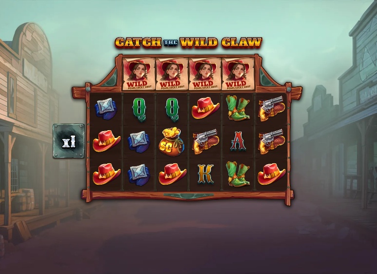 The base game grid of Catch The Wild Claw slot, showing the 5x4 reel layout and the special top reel mechanic.