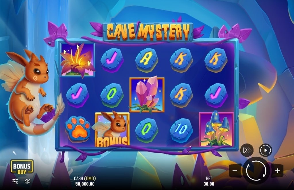 The main 5x3 reel grid of the Cave Mystery slot, showing game symbols and a fantasy creature.