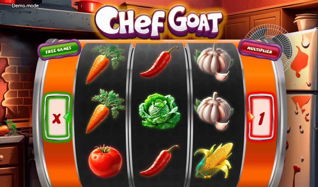 The main 3x3 game grid of the Chef Goat slot, showcasing the colorful vegetable symbols and the reels set against a kitchen background.