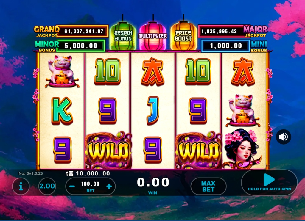 The main 5-reel game screen of the Cherry Blossom slot, displaying the Asian-themed symbols and jackpot values.