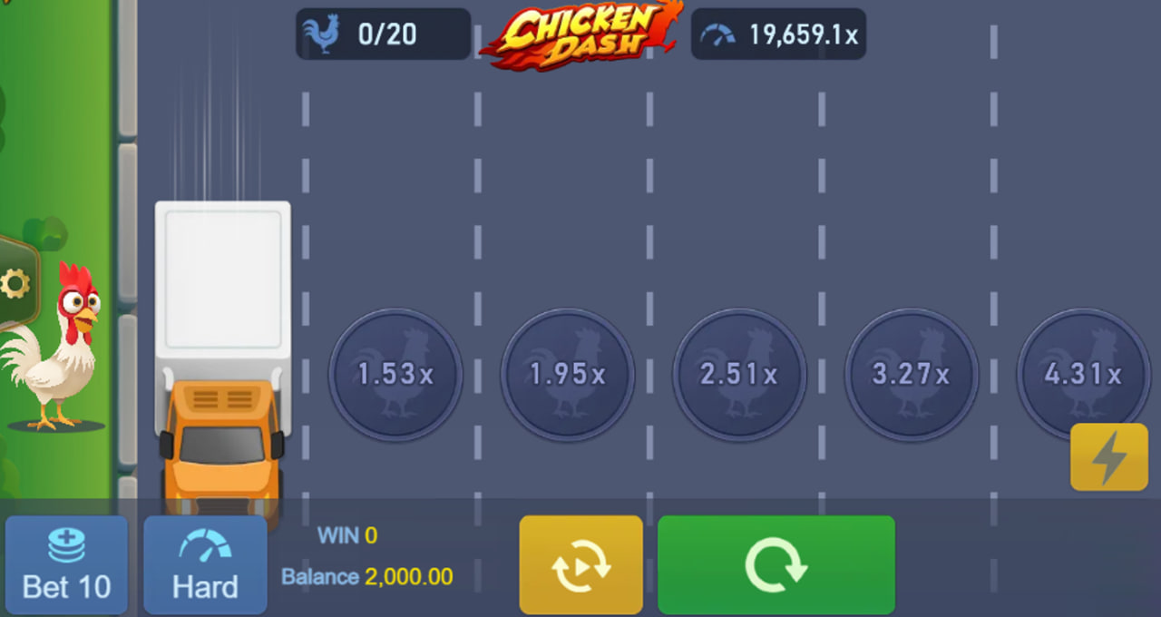 The starting screen of the Chicken Dash slot game, showing the chicken ready to cross the road on Hard difficulty.