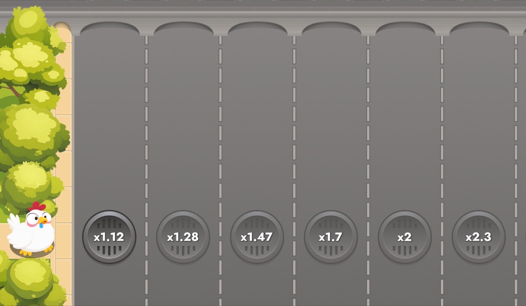 The starting screen of the Chicken Route demo game, showing the chicken ready to cross and the initial multiplier steps.