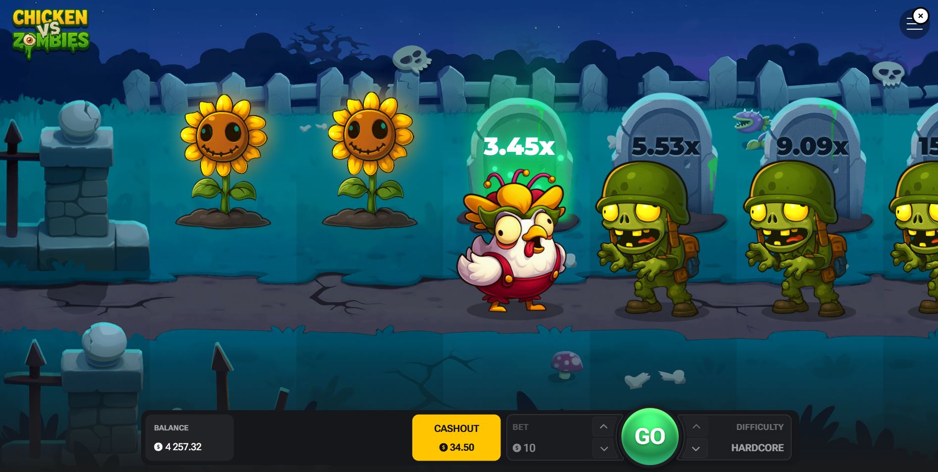 A successful step in Chicken vs Zombies, with a sunflower symbol appearing and the cashout multiplier increasing.