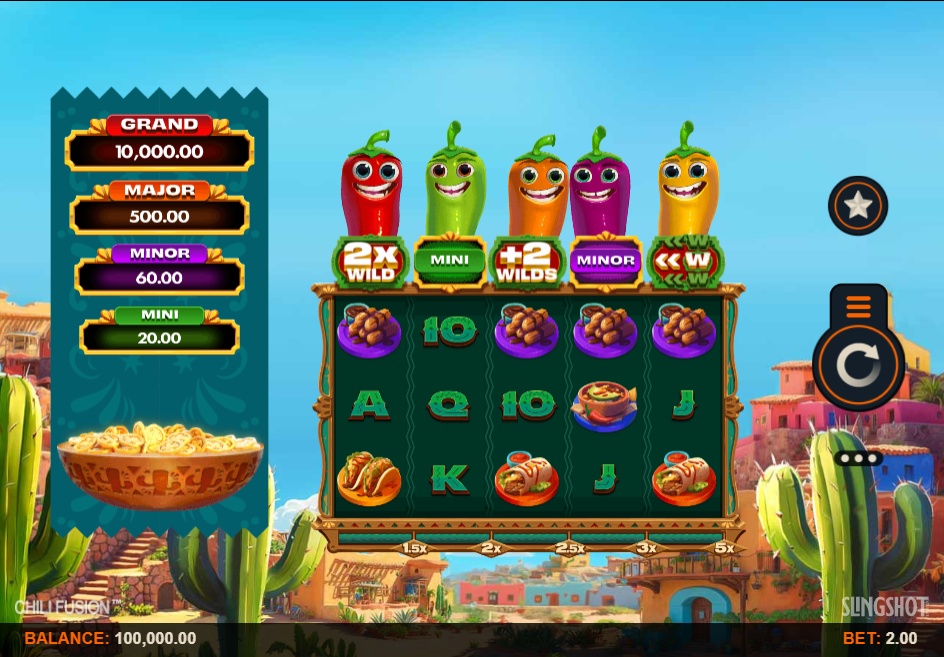 The main game screen of the Chili Fusion slot, showing the 5x3 reel layout and jackpot values.