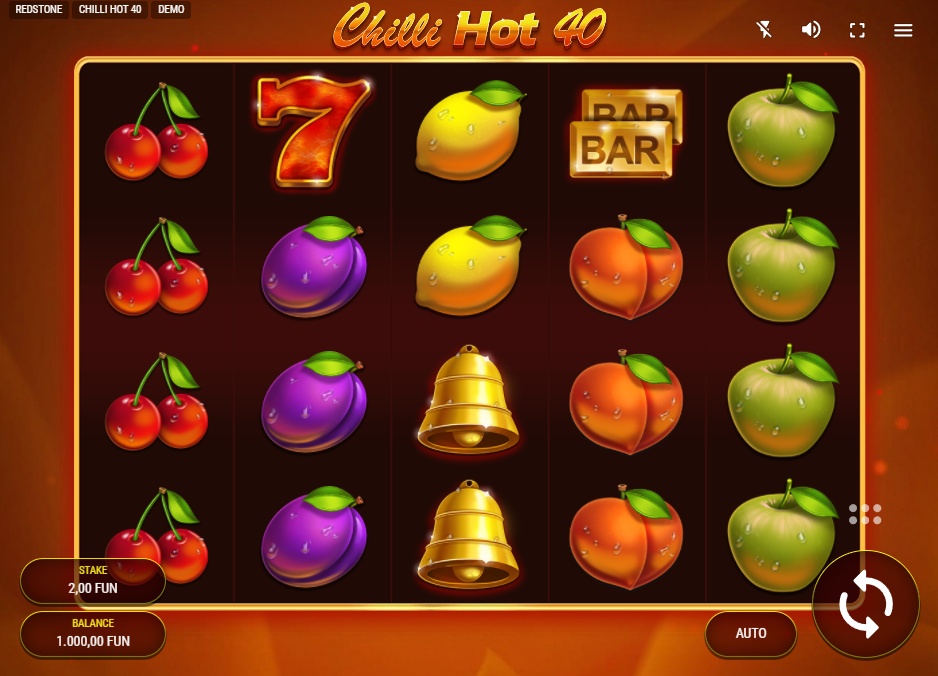 The 5x4 game grid of the Chilli Hot 40 slot, showing classic fruit symbols and the game's clean interface.
