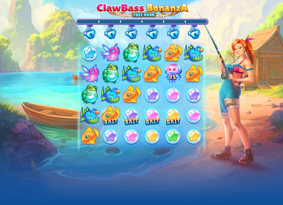 ClawBass Bonanza slot base game view with 6x6 grid and fishing theme