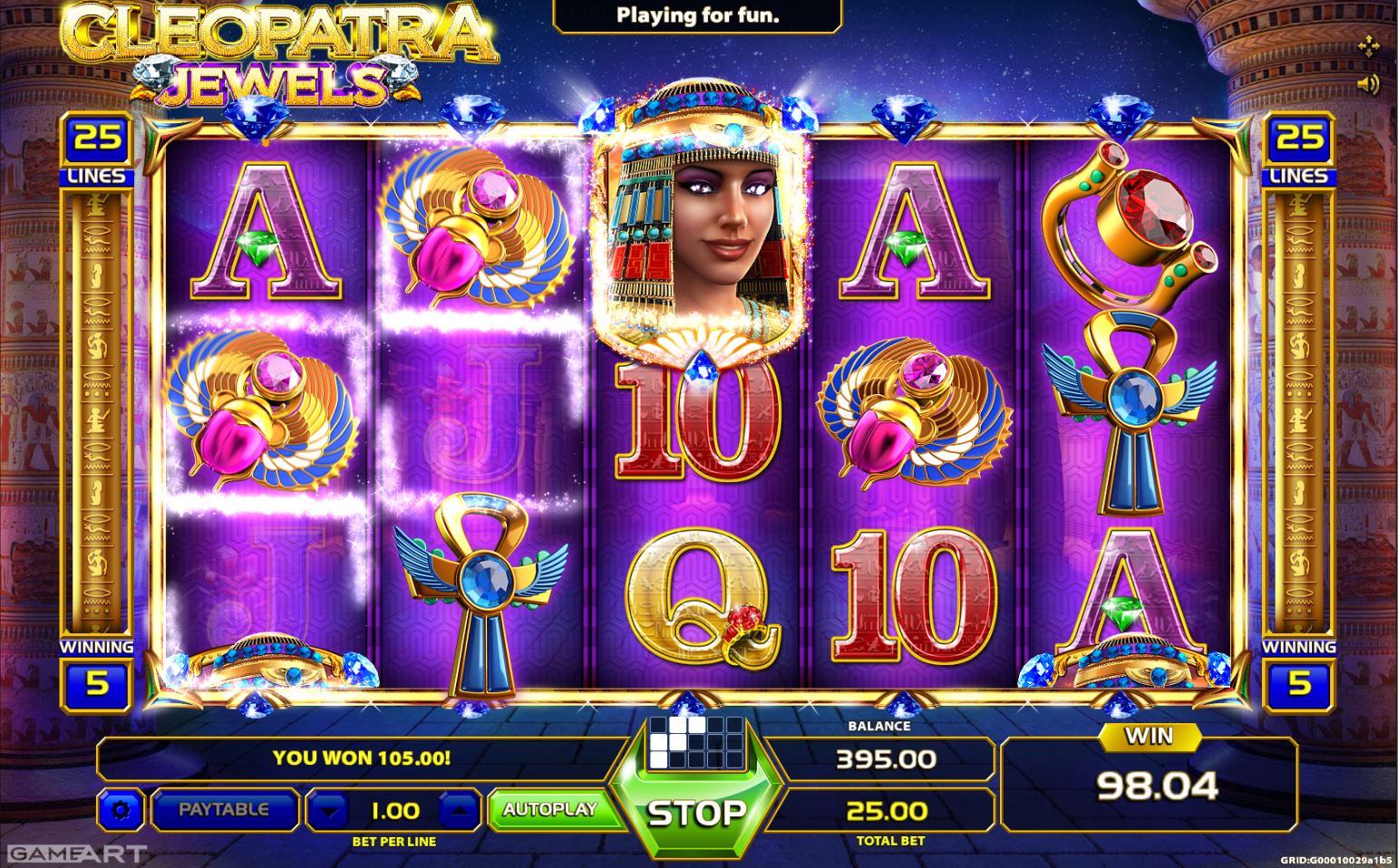  A winning combination formed with the help of the Cleopatra Wild symbol in the Cleopatra Jewels slot game.