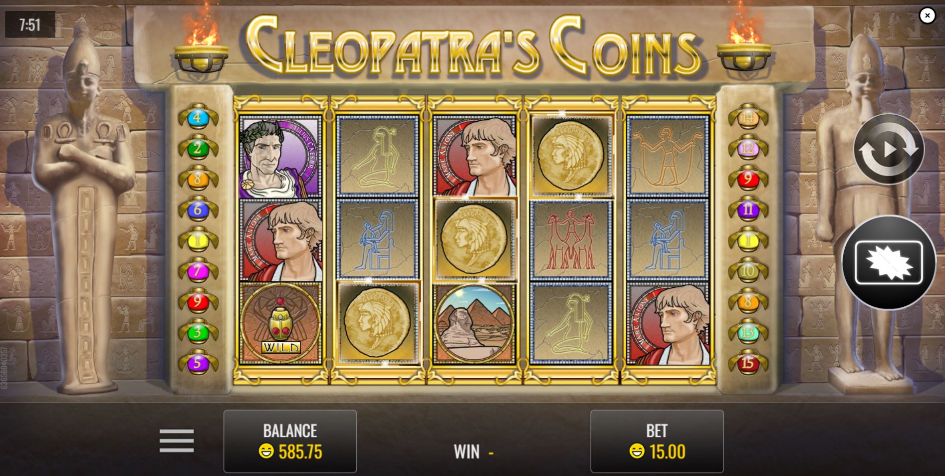 The Golden Coin scatter symbols appearing on the screen to activate the pick-me Bonus Round in Cleopatra's Coins.