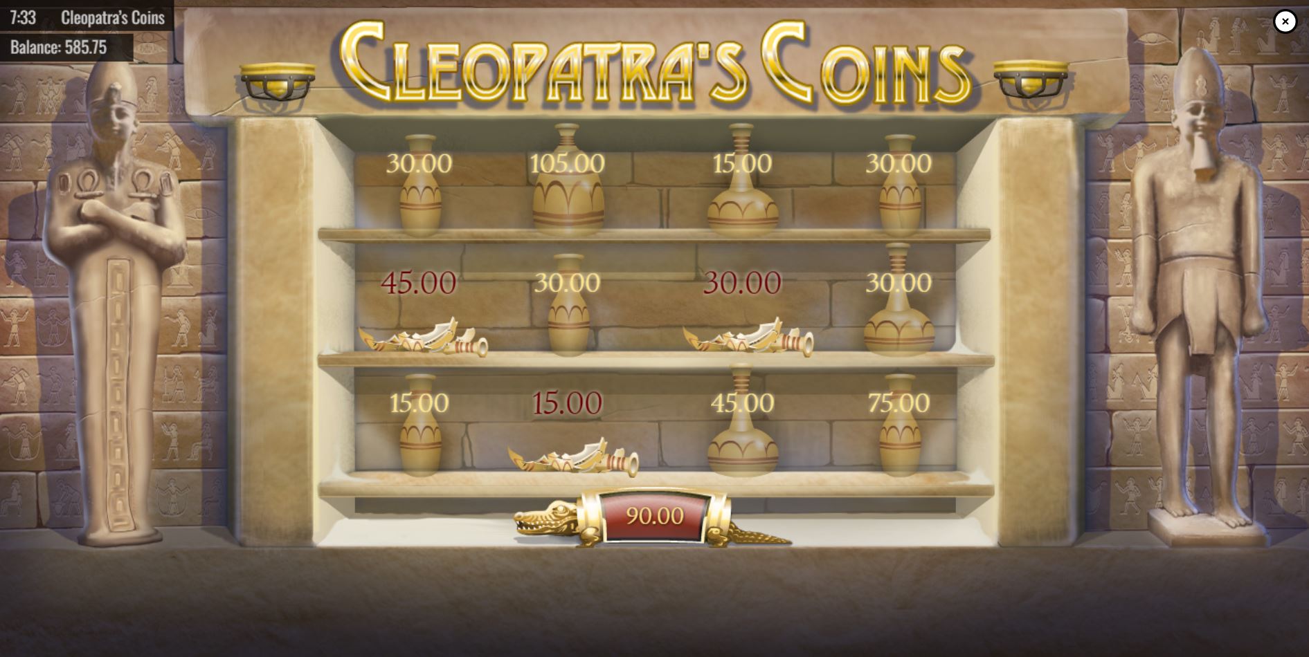 The "pick-and-click" Bonus Round in Cleopatra's Coins, showing the selection of urns for instant prizes.