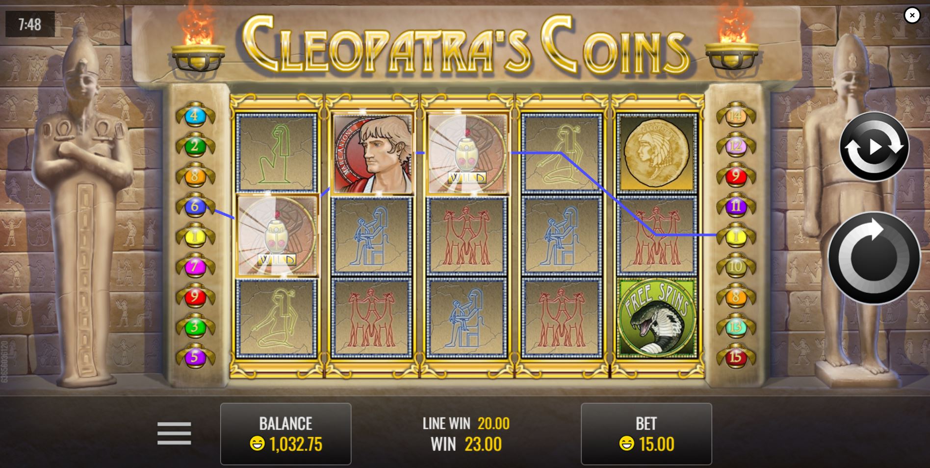 A winning payline in Cleopatra's Coins featuring the Wild Scarab Beetle symbol substituting to create a win.