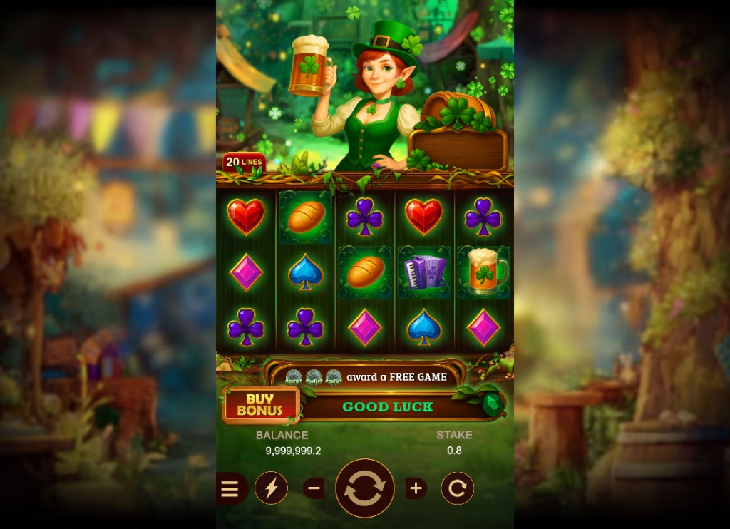 The main 5x3 game grid of the Clover Brew slot, displaying the Irish village theme and symbols.