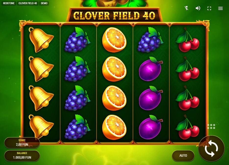 The main 5x4 game grid of the Clover Field 40 slot, displaying a variety of classic fruit, bell, and seven symbols.