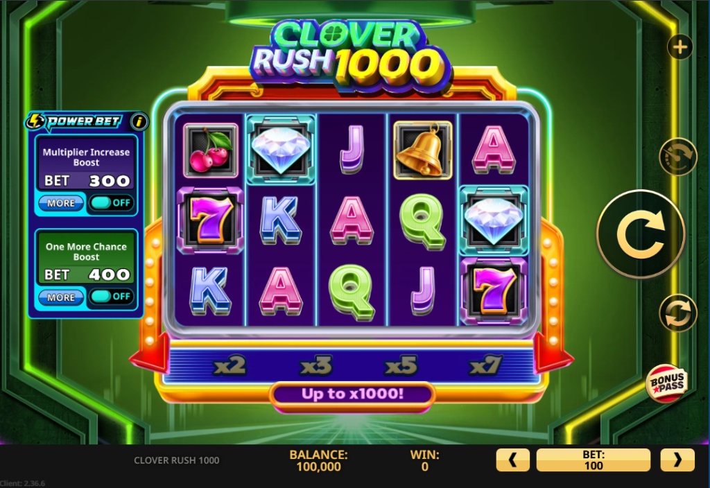 The main 5x3 reel layout of the Clover Rush 1000 slot, showing the Power Bet options and the multiplier meter.