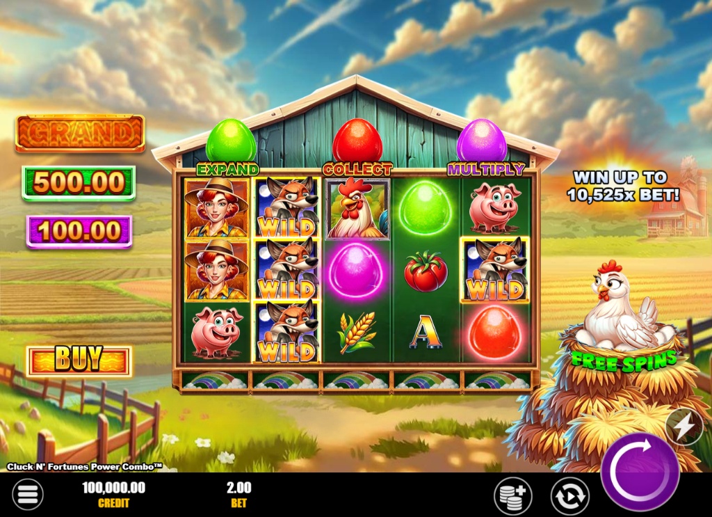 The base game grid of Cluck N’ Fortunes Power Combo, showing the 5x3 reel layout with farm-themed symbols and feature collection meters.