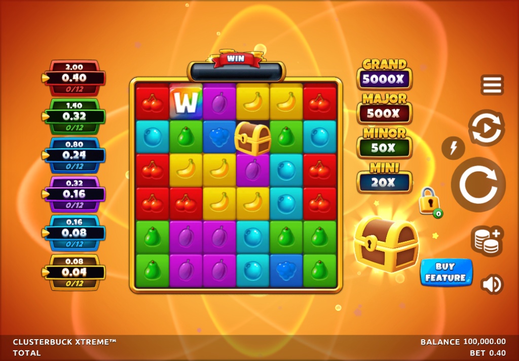 he 7x7 game grid of the ClusterBuck Xtreme slot, showing the 7 symbol collection bars on the left and the jackpot values on the right.