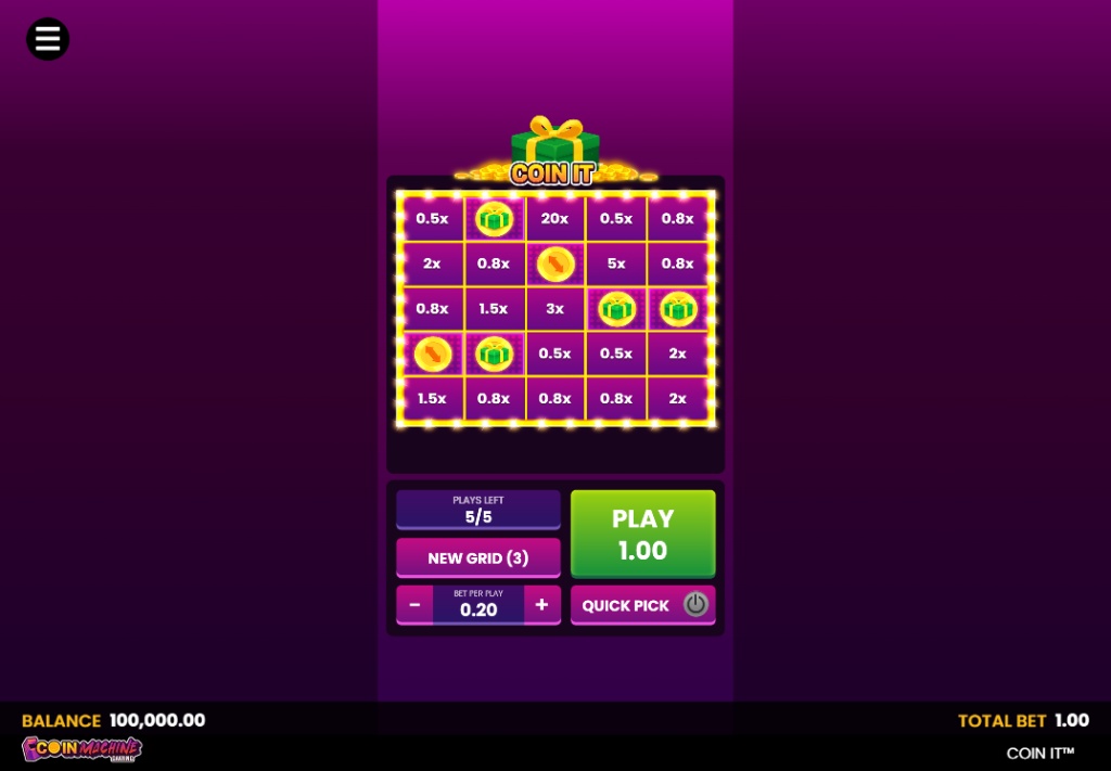 The main 5x5 grid of the Coin It demo game before any picks are made.