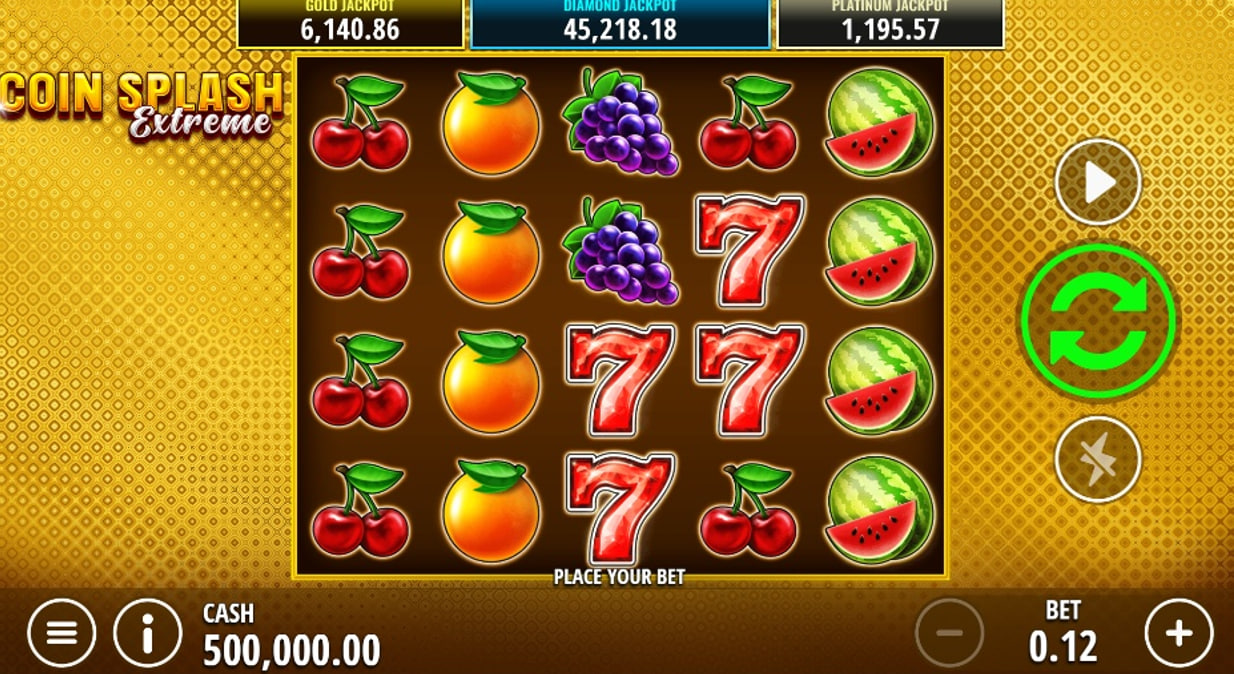 The 5x4 reel layout of the Coin Splash Extreme slot, displaying classic fruit symbols and the main game interface before a spin.