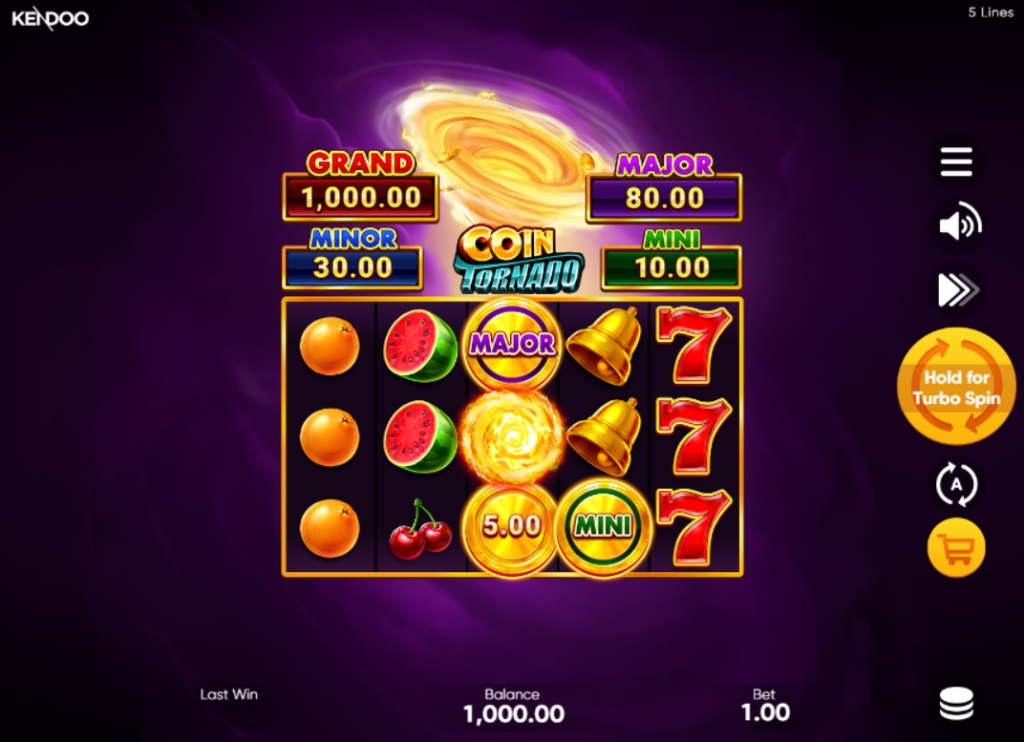 The 3x3 reel layout of the Coin Tornado Hold and Win slot in the base game, showing classic fruit symbols and jackpot values.
