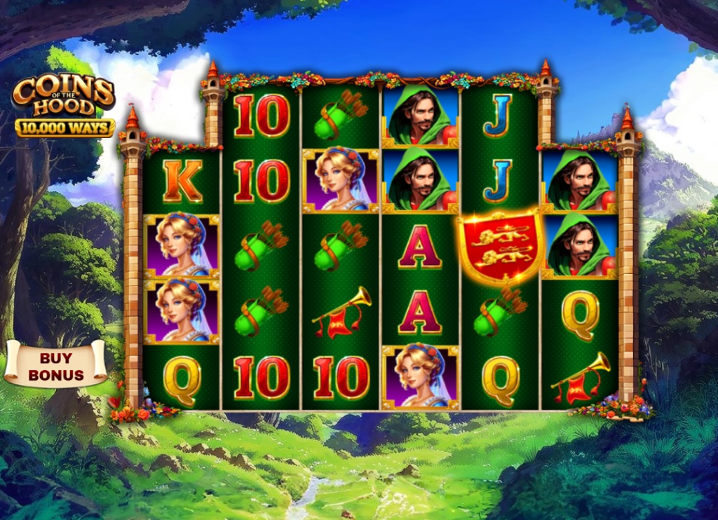 The main 6-reel game grid of Coins of the Hood 10,000 Ways, showcasing the Robin Hood theme and ways-to-win layout.