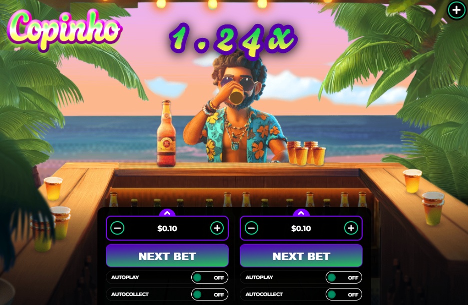 The main game screen of the Copinho demo, showing the character at the bar and the dual betting interface before a round starts.