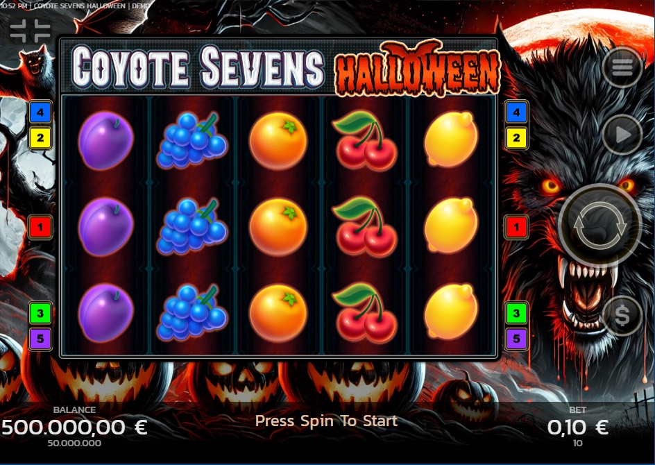 The main 5x3 game grid of Coyote Sevens Halloween, showing classic fruit symbols against a dark, pumpkin-filled backdrop.
