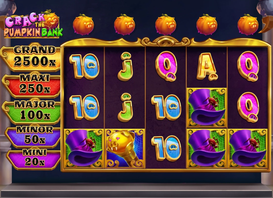 The main 5x3 reel layout of the Crack the Pumpkin Bank slot, showing the five pumpkin banks above the grid.