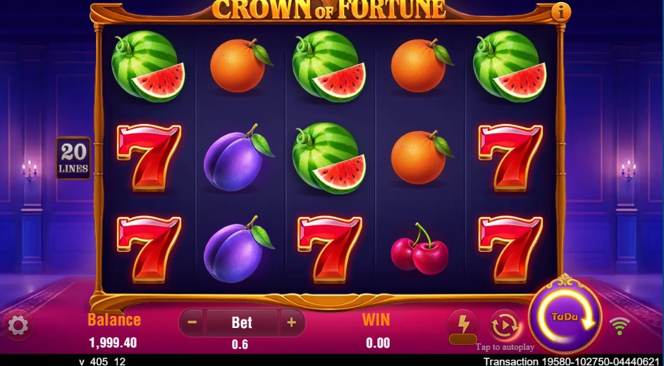 The main game screen of the Crown of Fortune slot, showcasing the 5x3 reel layout with classic fruit symbols against a purple backdrop.