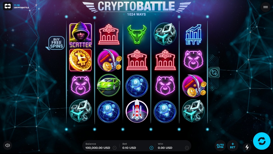 The main 5x4 game grid of the CryptoBattle slot, showing the crypto-themed symbols and 1024 ways to win interface.