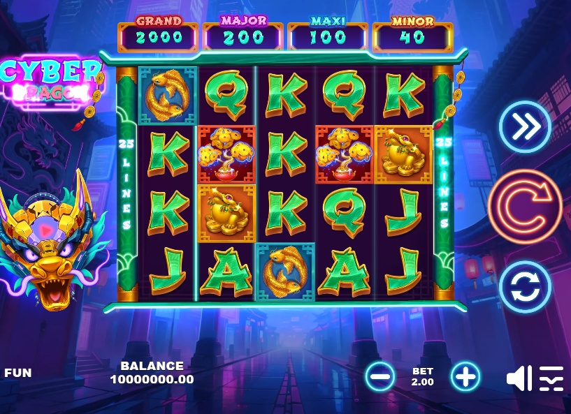 The main 5x3 game grid of the Cyber Dragon slot, showcasing its neon Asian theme and high-tech symbols.