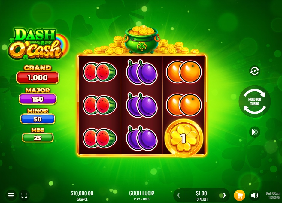 The main 3x3 game grid of the Dash O'Cash slot, showing fruit symbols and jackpot values.
