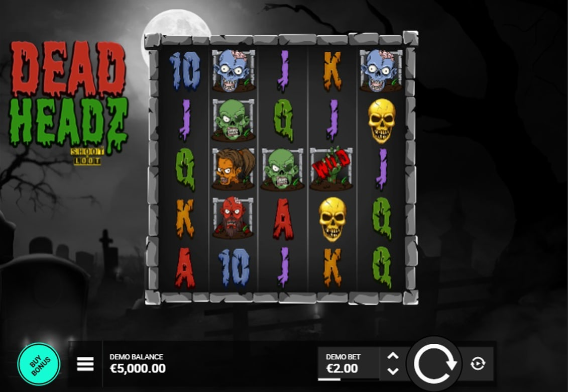 The 5x5 reel layout of the Dead Headz slot, showing various zombie symbols in a spooky graveyard setting.