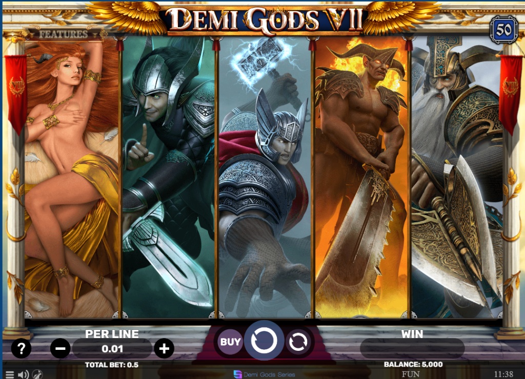 The base game screen of the Demi Gods VII slot, showing the 5x4 reel layout and high-value god symbols.