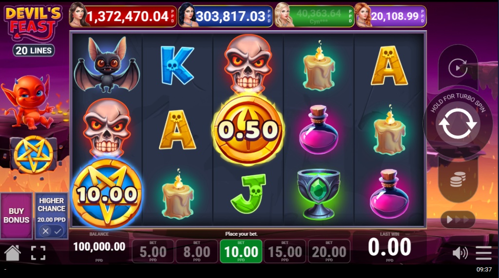 The base game screen of the Devil's Feast slot, showing the 5x3 reel layout and themed symbols.