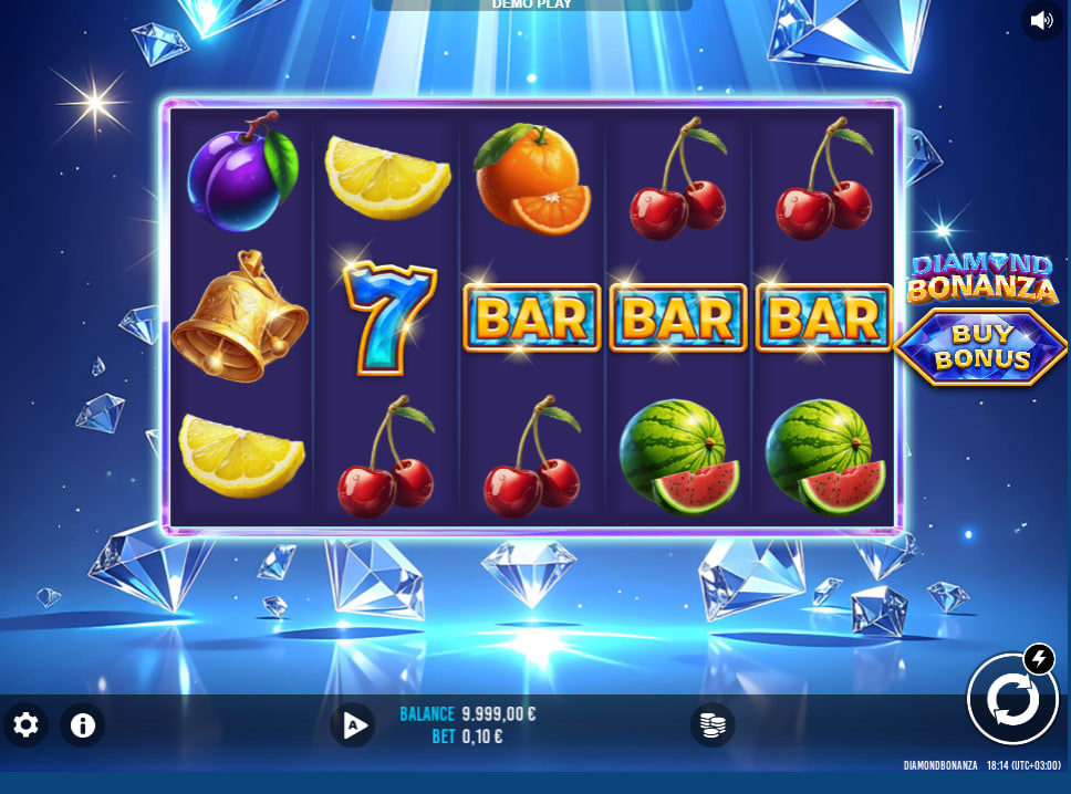 The main 5x3 reel grid of the Diamond Bonanza slot demo, showing classic fruit, 7, and diamond symbols.