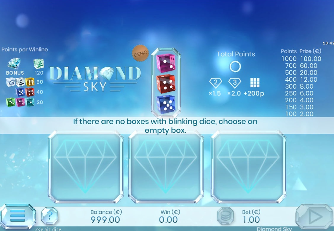 The starting screen of the Diamond Sky demo, showing three empty 3x3 grids and the first dice column.