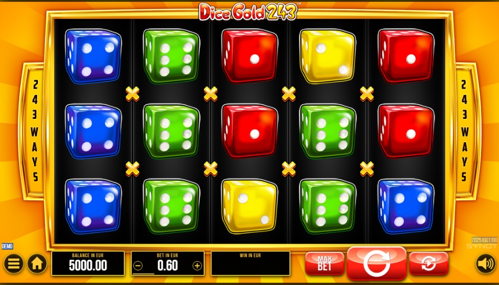 The main game screen of the Dice Gold 243 slot, displaying the 5x3 reel grid and colorful dice symbols.