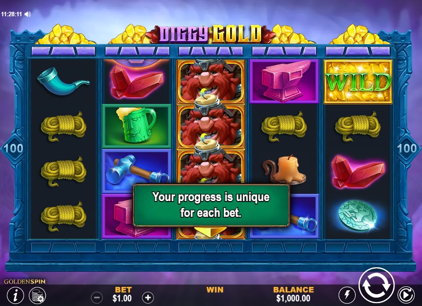 The 5x4 game grid of the Diggy Gold slot, showing the dwarf and mining-themed symbols on the reels.