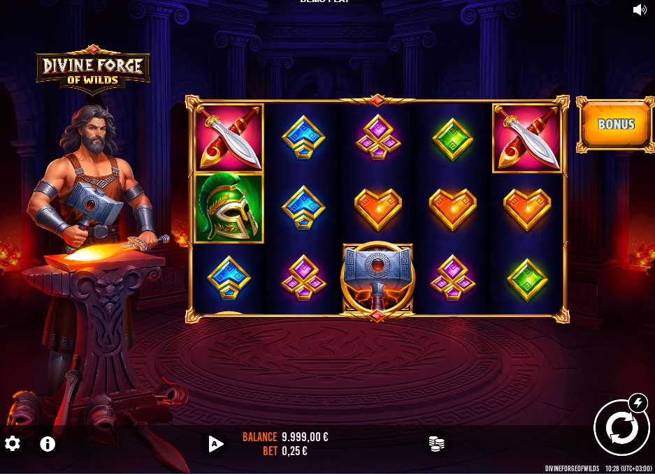 The 5x3 reel layout of the Divine Forge of Wilds slot, showcasing the main game screen with Hephaestus at his anvil.