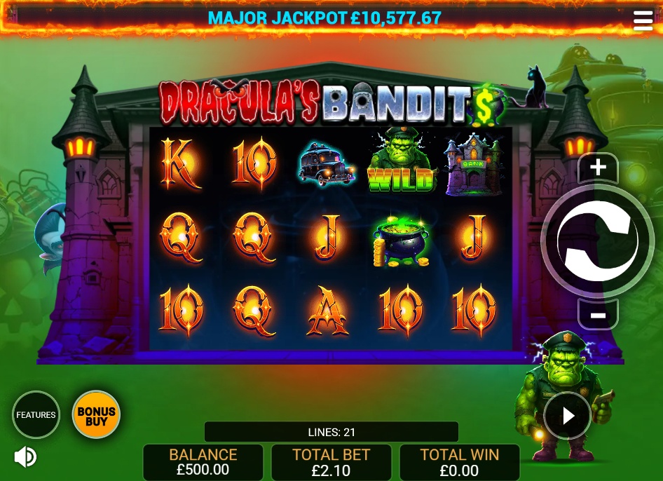 The main 5x3 game grid of the Dracula's Bandits slot, showing the monster-themed symbols and the jackpot values.