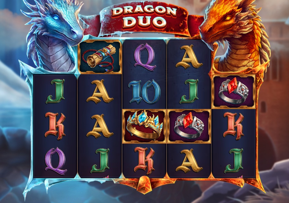 The base game grid of Dragon Duo slot, showing the 5x3 reel layout and the ice and fire dragons.