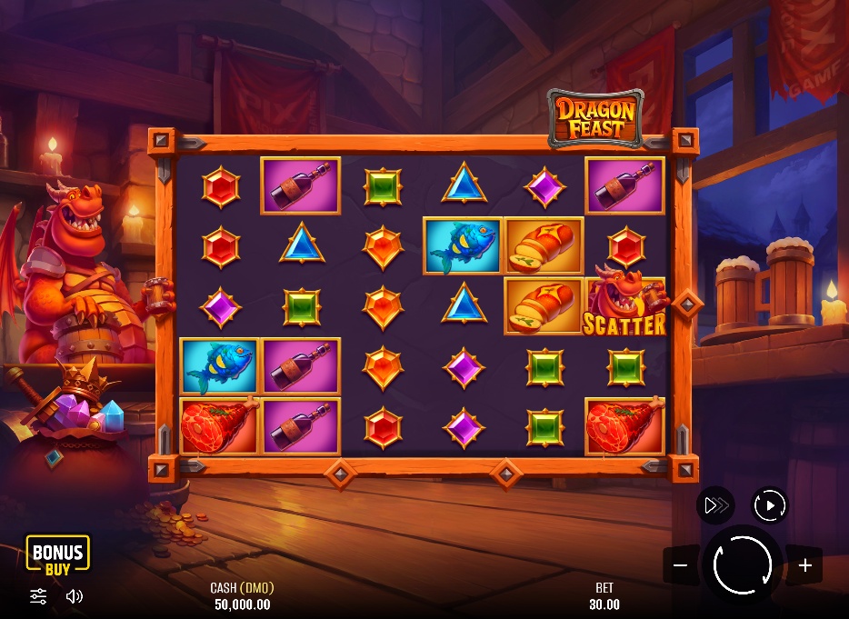 The main 6x5 game grid of the Dragon Feast slot, showing the friendly dragon character and various feast-themed symbols.